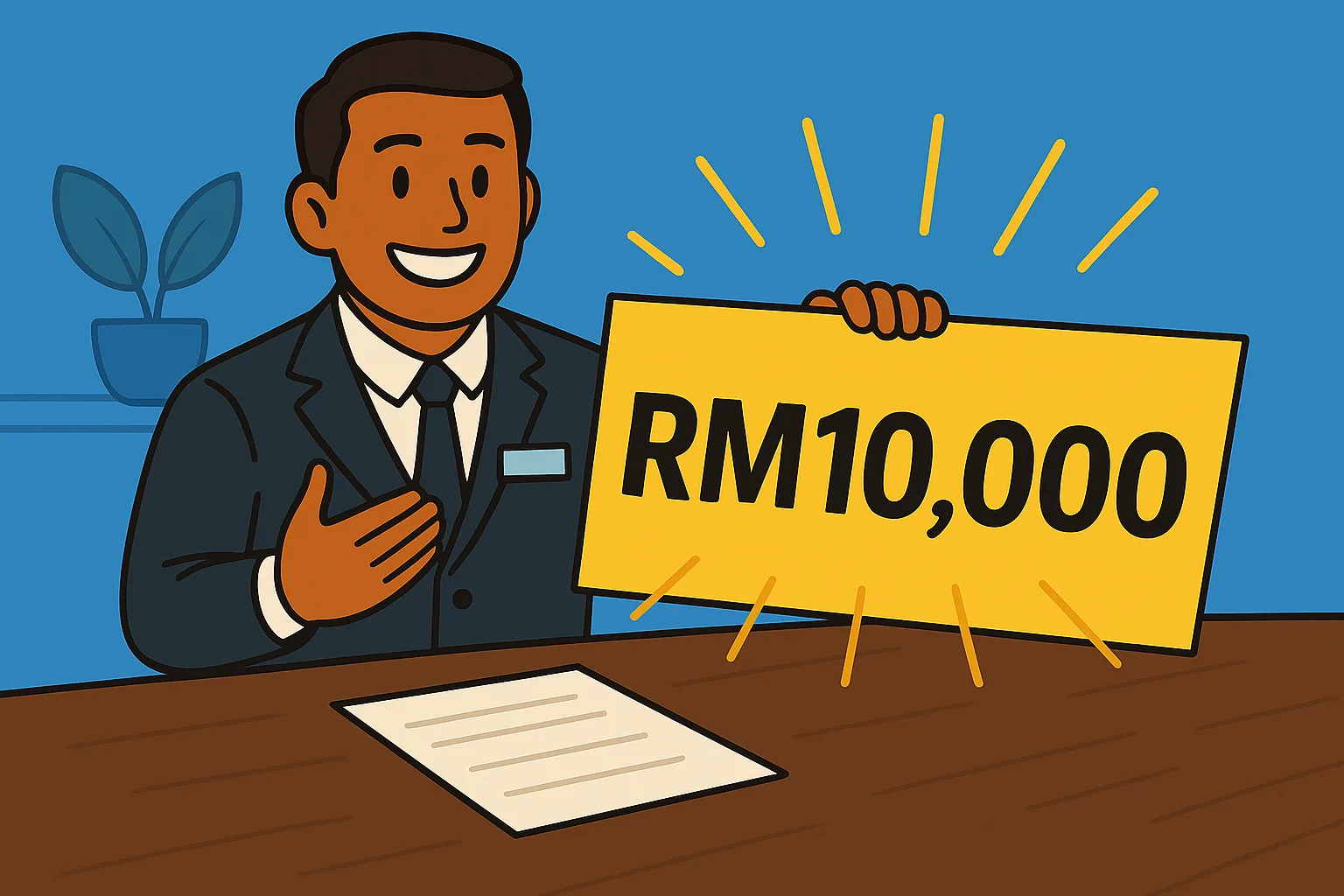 Ejen jualan Malaysia menunjukkan papan tanda RM10,000 sebagai simbol kejayaan kewangan melalui Coway.