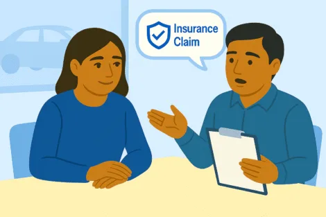 Pemilik kereta Malaysia berbincang dengan ejen insurans mengenai proses tuntutan insurans.